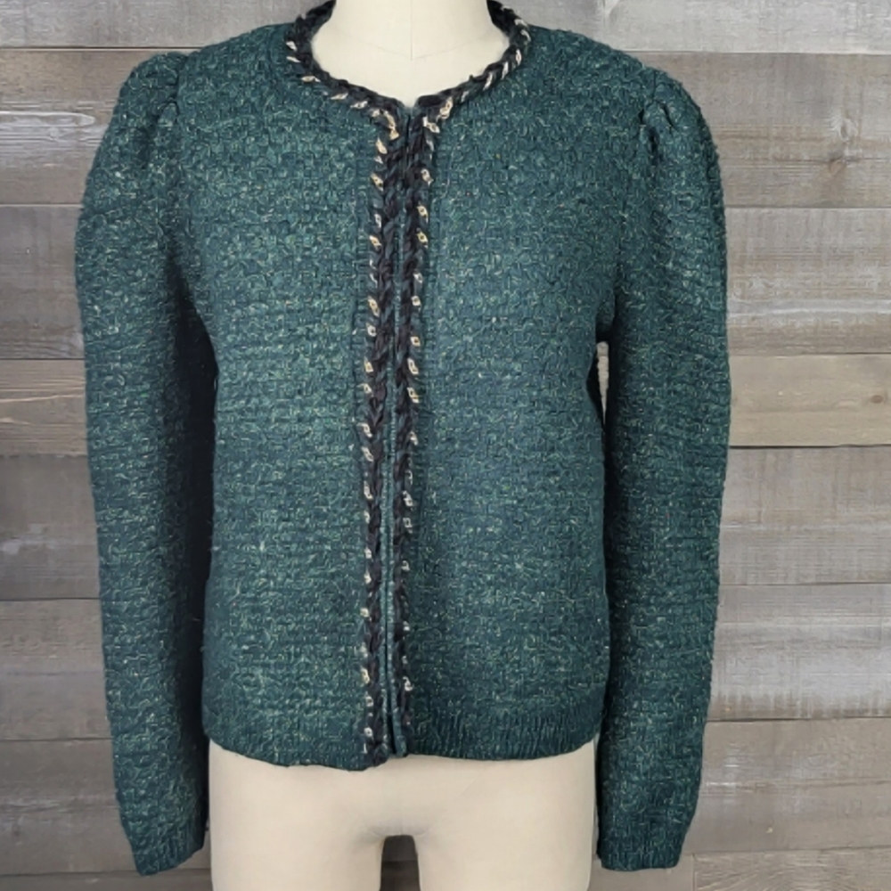 Express Lurex Chain Collar Front Trim Green Gold Classic Sweater Cardiga…